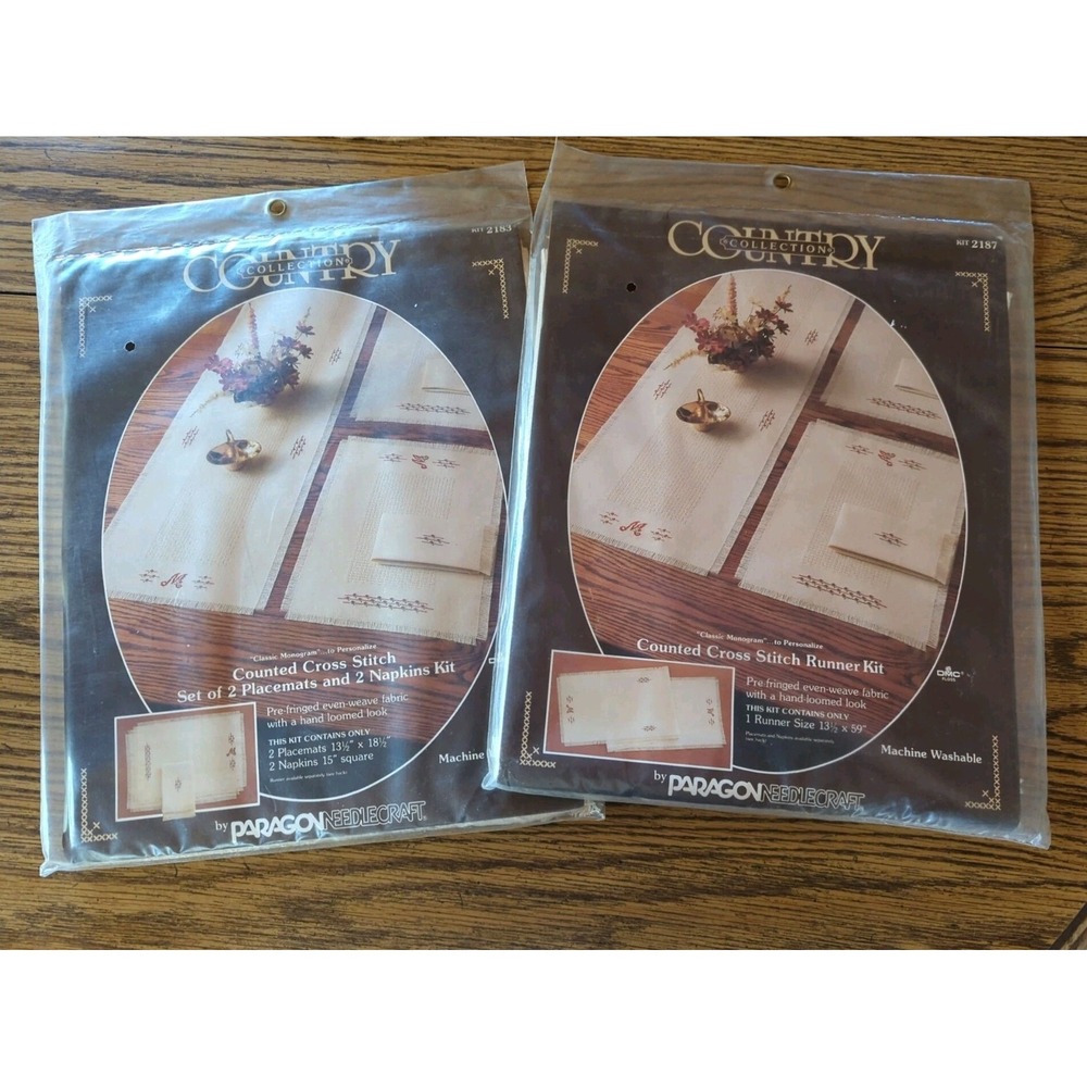 New Sealed Vintage 1985 Counted Cross Stitch Runner 2 Placemats Napkins Monogram